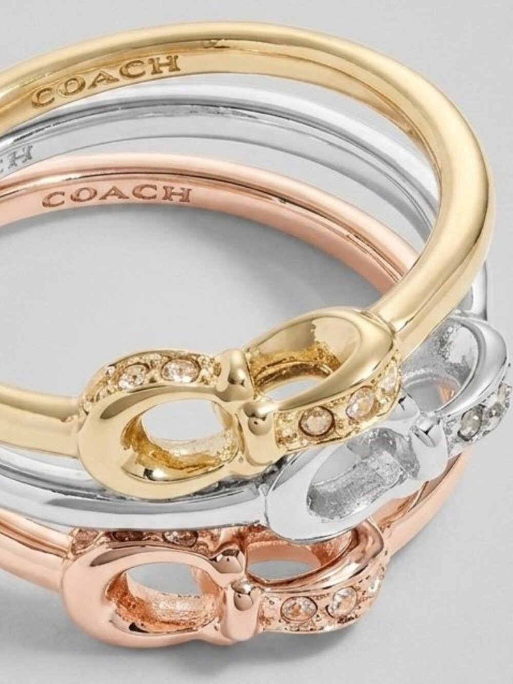COACH  Signature logo Pave Crystals Ring Set 7 - Set of 3 Stackables Interlock - Picture 3 of 8